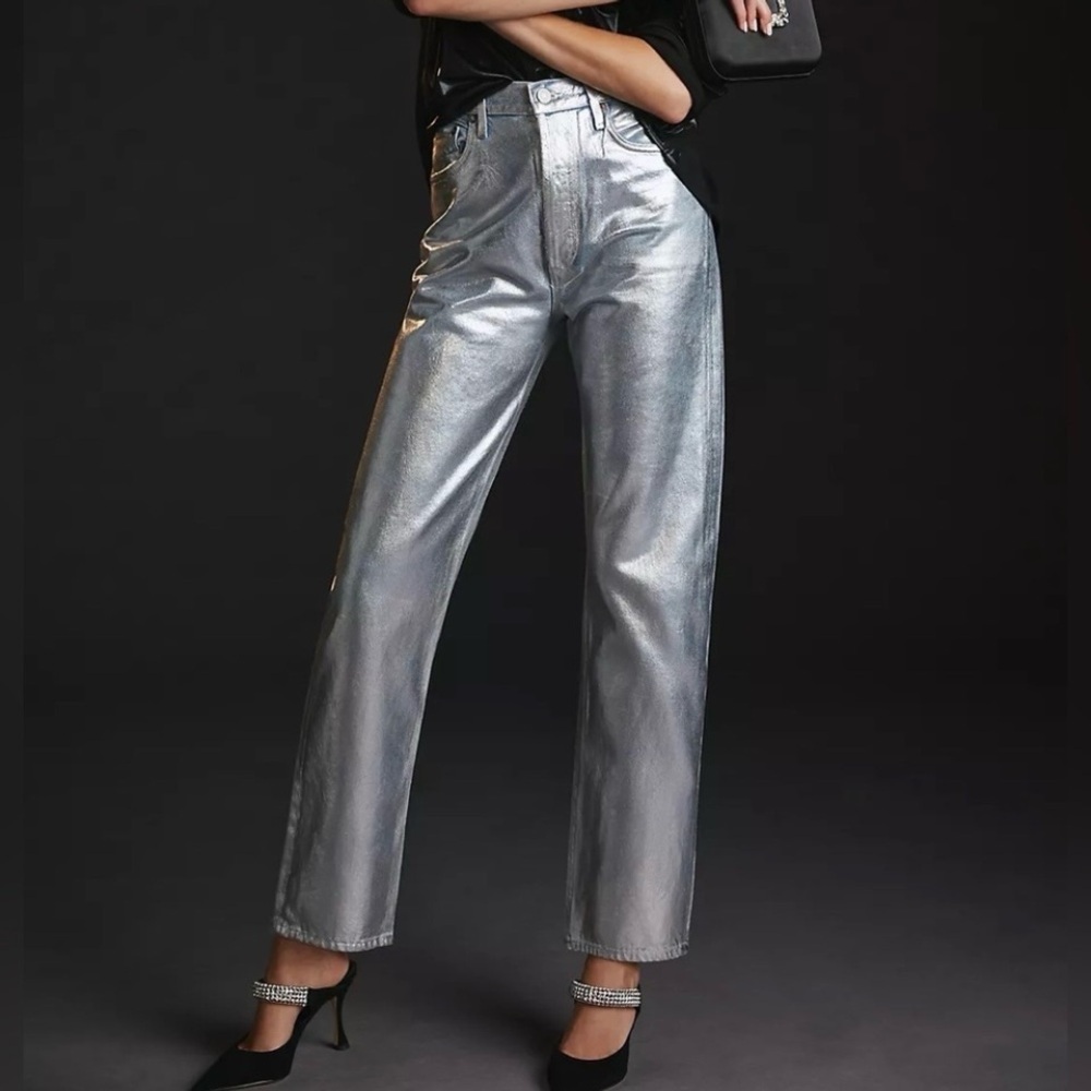 Agolde 90s Pinch Waist Straight Metallic Silver High Waist Jean Tin Foil 26
